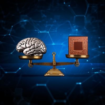 Balanza digital representando el dilema ético entre la inteligencia artificial y la toma de decisiones humanas.