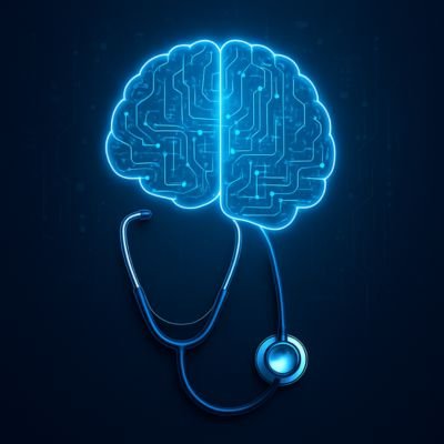 Ilustración de un cerebro digital conectado a un estetoscopio, representando el uso de inteligencia artificial en medicina para diagnóstico y salud.