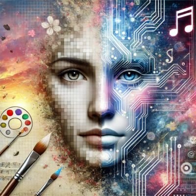 Representación de la colaboración entre inteligencia artificial y creatividad humana: rostro dividido entre tecnología y arte.