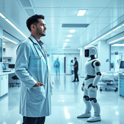 una representación de un hospital moderno manejado por IA