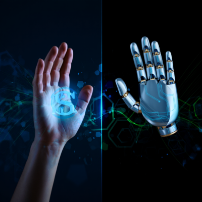 Imagen conceptual ilustrando la idea de Jensen Huang (Nvidia) sobre pagar a los robots: una mano humana y una mano robótica en un entorno futurista de IA, simbolizando el debate sobre el futuro del trabajo, la automatización y la inteligencia artificial.