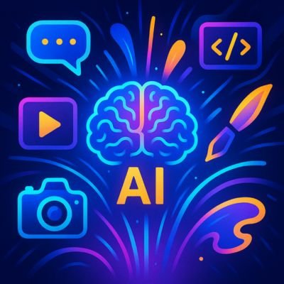 Ilustración digital vibrante que representa diversos iconos de creación de contenido emanando de un cerebro de inteligencia artificial brillante, simbolizando el poder de las herramientas de IA en la creación de contenido.