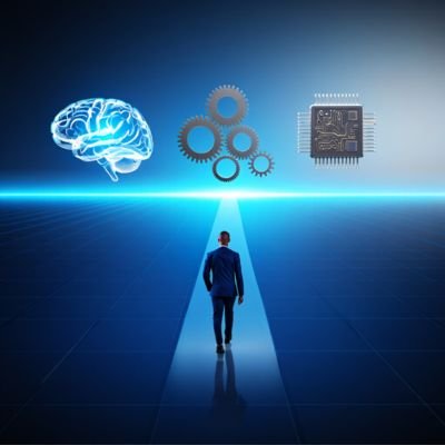 Persona caminando hacia un futuro impulsado por inteligencia artificial, representando la transformación del trabajo.