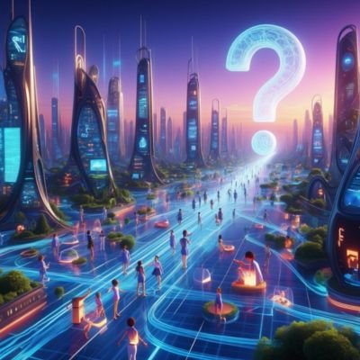 Ciudad futurista con redes de IA interconectadas fluyendo a través de paisajes virtuales con avatares, representando la intersección del metaverso e IA.